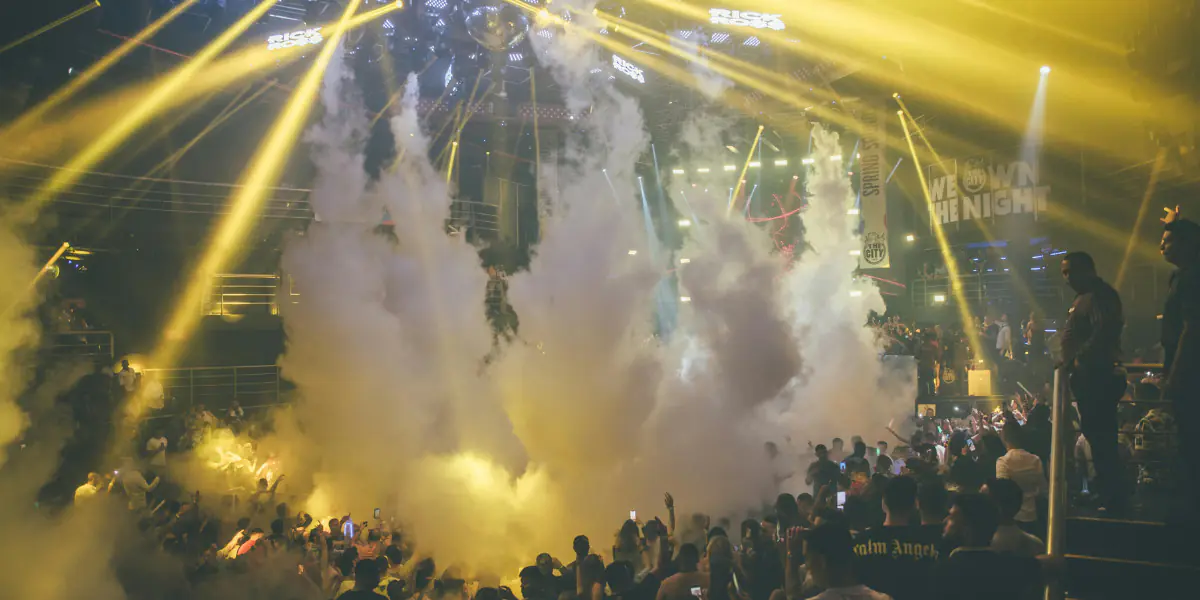 Nightclub crowd with lights and smoke effects.